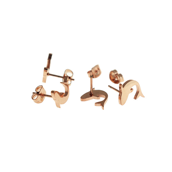 Rose Gold Tone Stainless Steel Earrings - Shark Studs - 8mm x 8mm - 2 Pieces 1 Pair - ER907