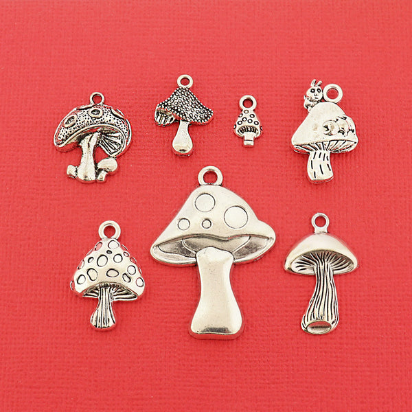 Mushroom Charm Collection Antique Silver Tone 7 Different Charms - COL400H