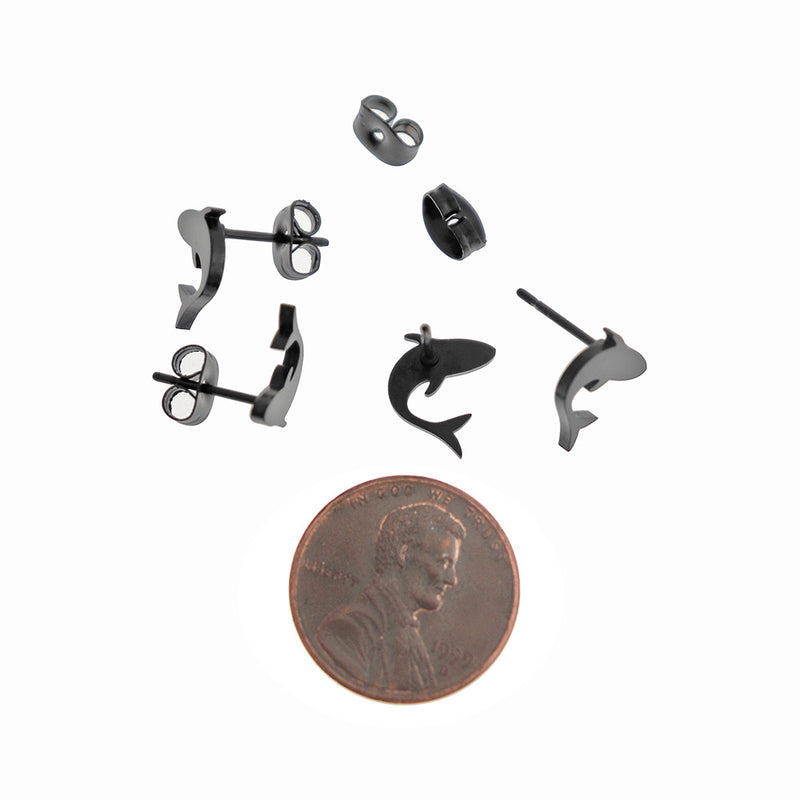 Black Tone Stainless Steel Earrings - Shark Studs - 8mm x 8mm - 2 Pieces 1 Pair - ER905