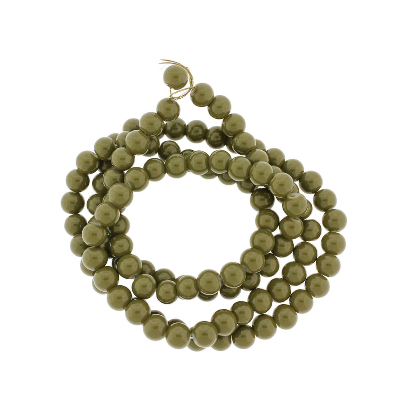 Round Glass Beads 8mm - Olive Green - 1 Strand 100 Beads - BD2765