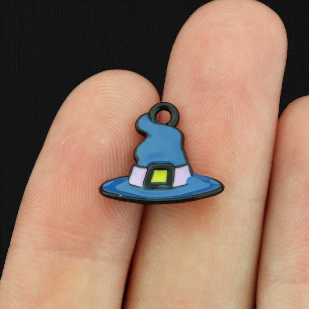 5 Blue Witch Hat Black Tone Enamel Charms - E135