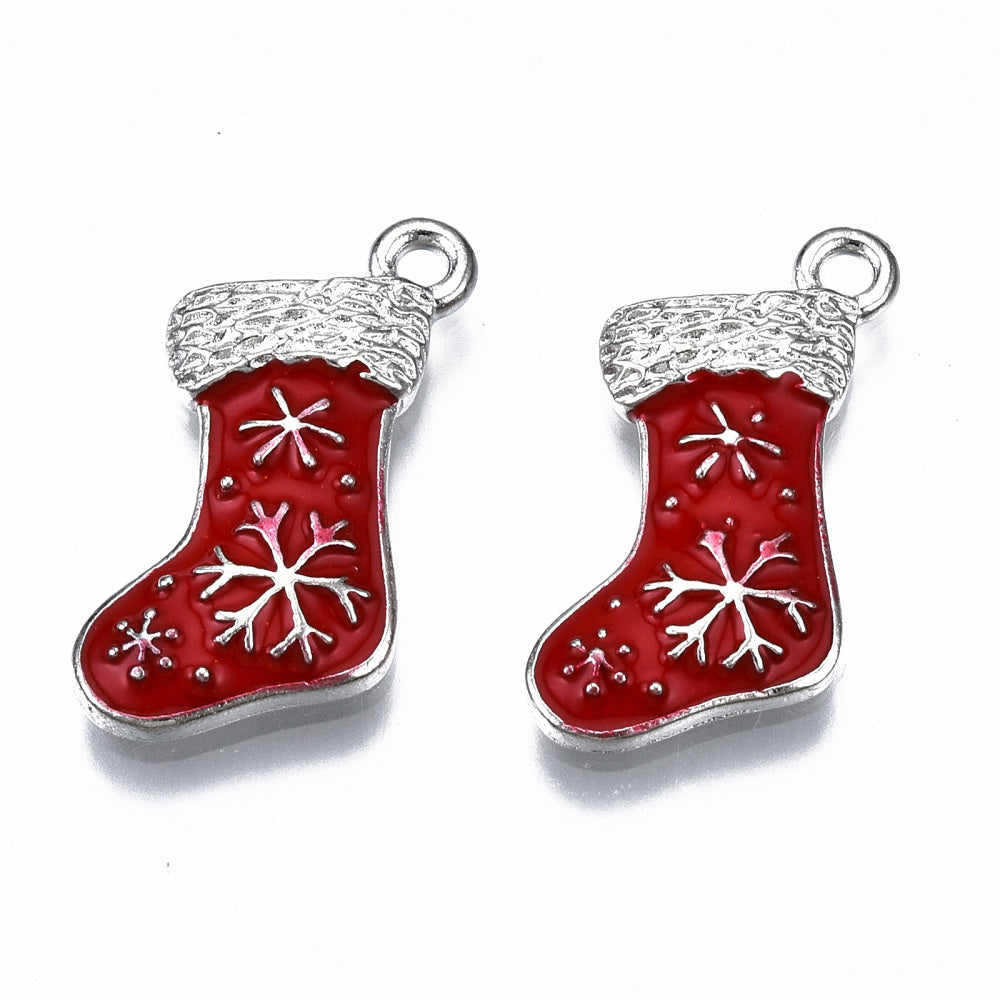 5 Christmas Stocking Silver Tone Enamel Charms with Snowflakes - E805