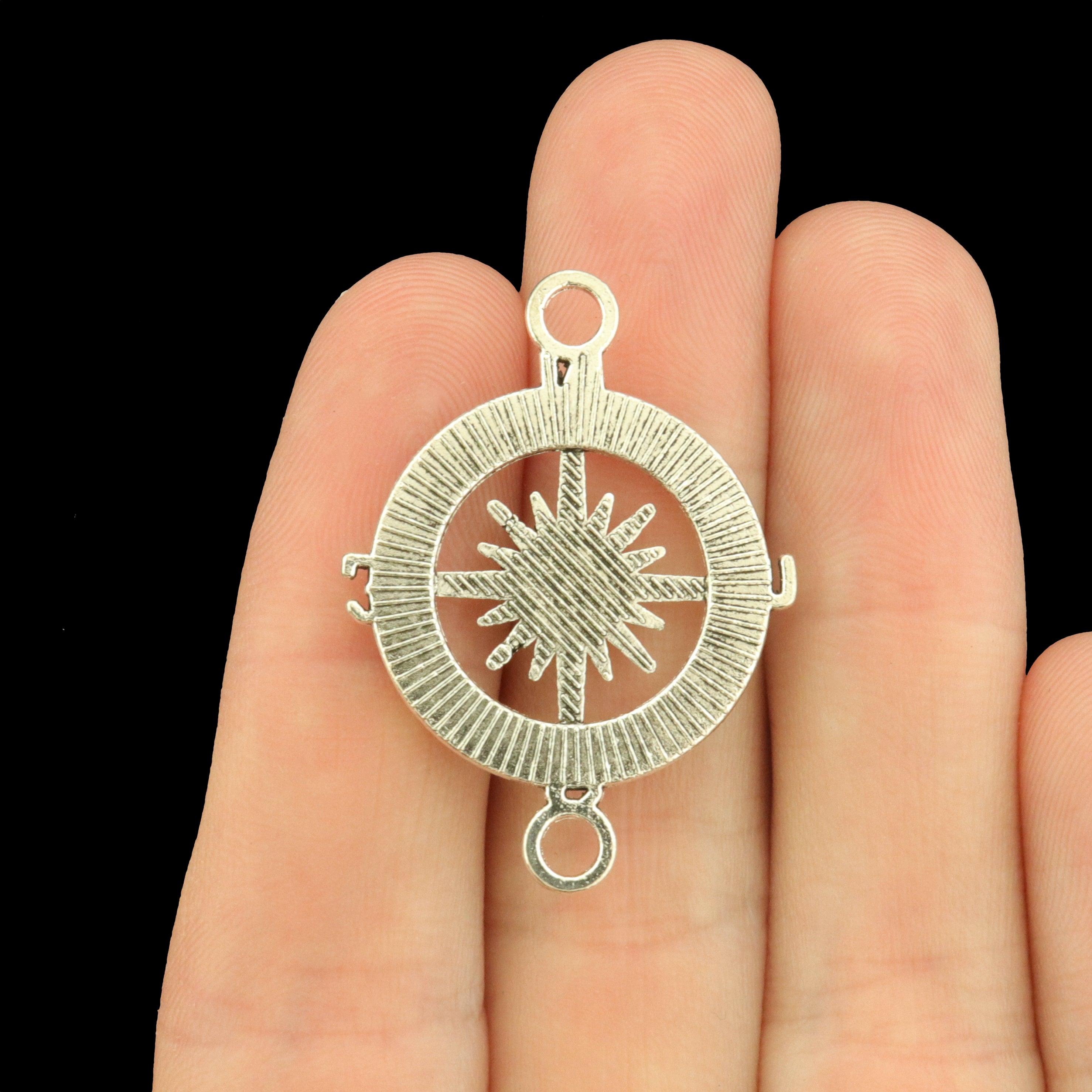 5 Compass Antique Silver Tone Connector Charms - SC9040