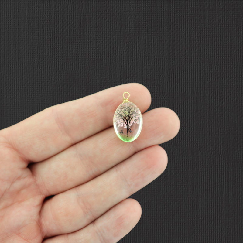 2 pendentifs en verre fleur pressé arbre de vie rose pâle - Z1445