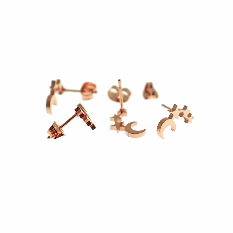 Stainless Steel Earrings - Moon and Stars Studs - 12mm - 1 Pair - Choose Your Tone!