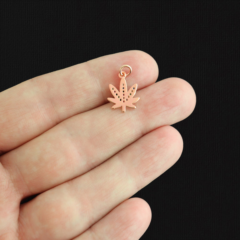 Marijuana Leaf Rose Gold Brass Charm with Inset Rhinestones - BR156