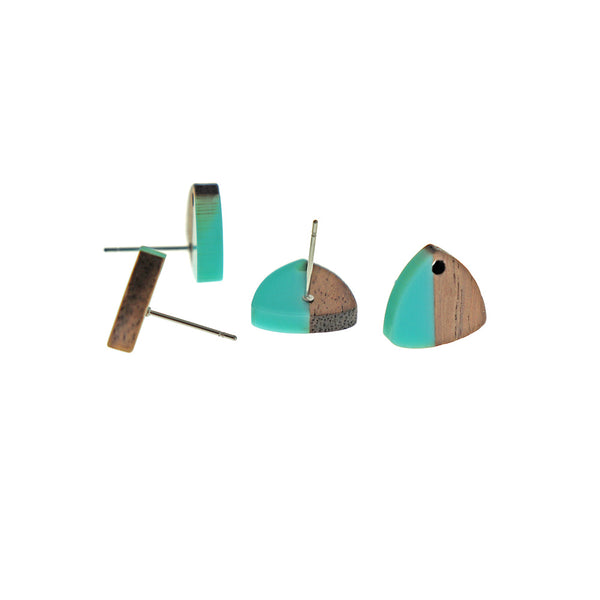 Wood Stainless Steel Earrings - Resin Triangle Studs - 1 Pair - 16 Colors!