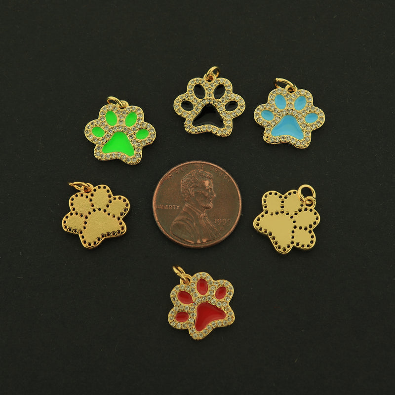 18k Gold Paw Print Charm - Enamel Rhinestone Pendant - Choose Your Color - 18k Gold Plated