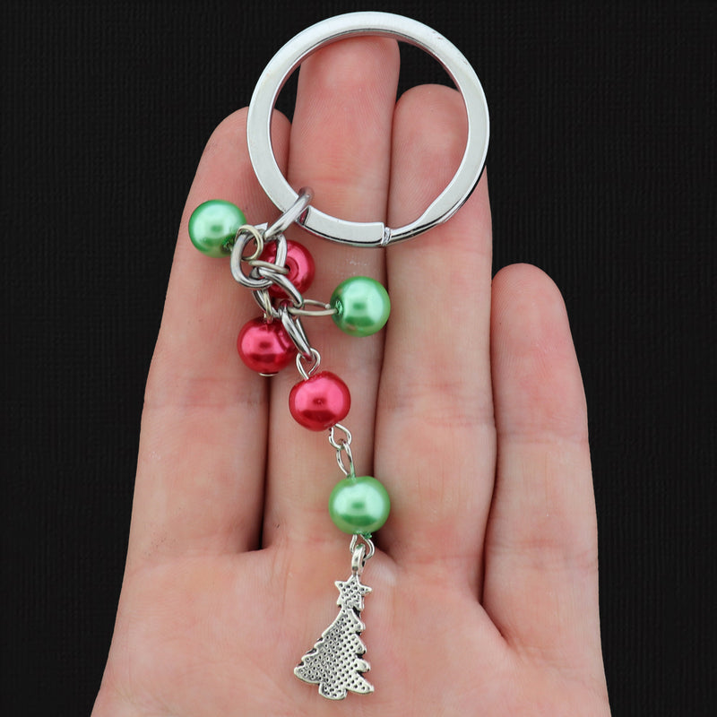 Christmas Pearl Bead Key Chain with Christmas Tree Charm - 100mm - 2 Pieces - XC003