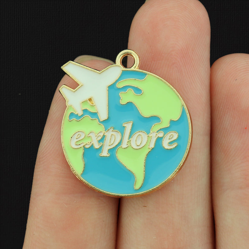 2 Explore World Gold Tone Enamel Charms - E130