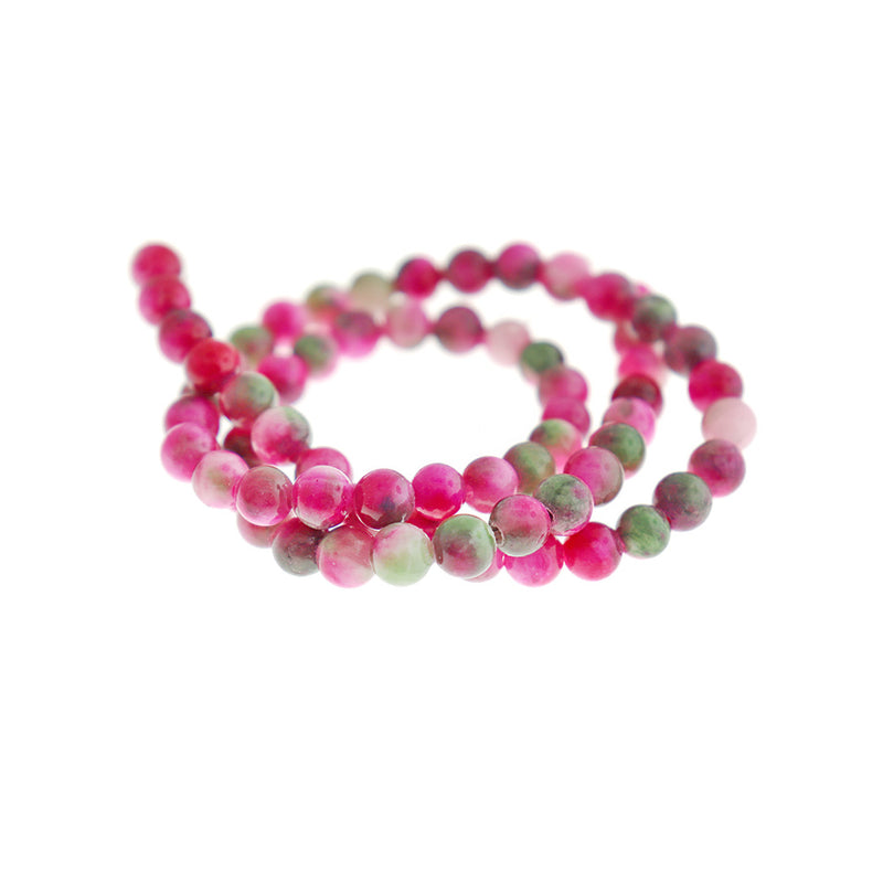 Round Natural Jade Beads 6mm - Mottled Pink, Green and White - 1 Strand 62 Beads - BD1698