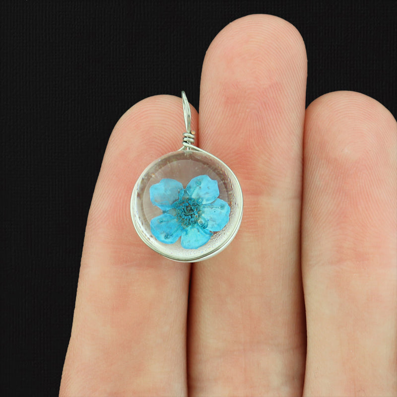 2 Blue Pressed Flower Glass Pendants 2 Sided - Z024