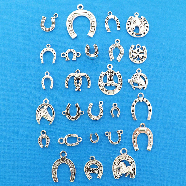 Lucky Horseshoe Charm Collection Antique Silver Tone 26 Different Charms - COL394H