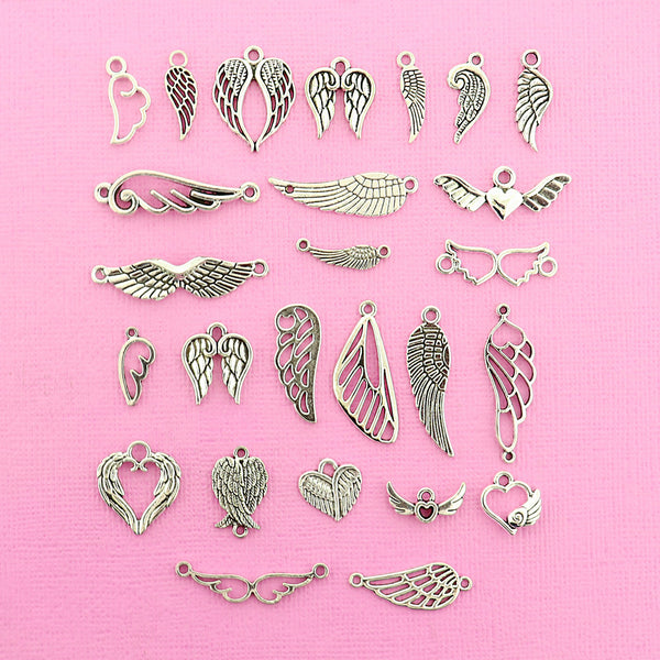 Angel Wing Charm Collection Antique Silver Tone 26 Different Charms - COL311H