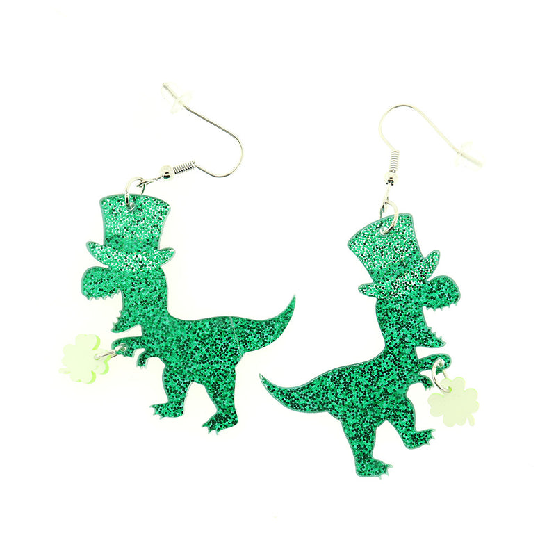 Acrylic St. Patricks Day Dinosaur Earrings - Silver Tone French Hook Style - 2 Pieces 1 Pair - ER266