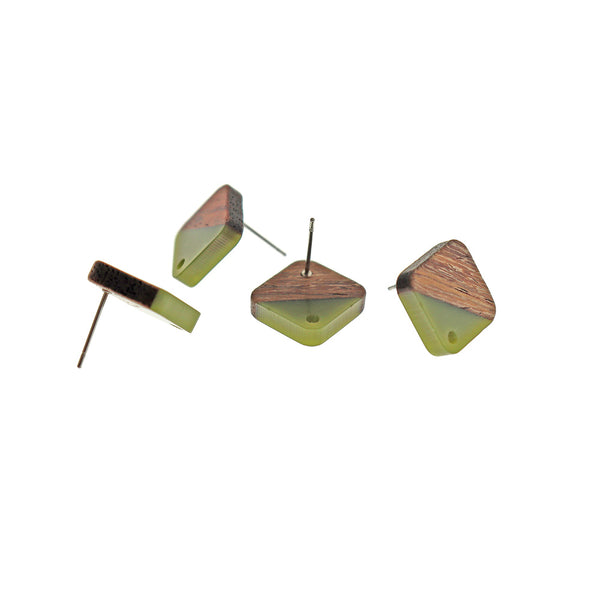 Wood Stainless Steel Earrings - Army Green Resin Rhombus Studs - 17mm x 17mm - 2 Pieces 1 Pair - ER700
