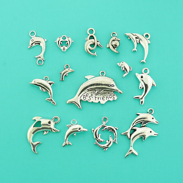 Dolphin Charm Collection Antique Silver Tone 14 Different Charms - COL417H