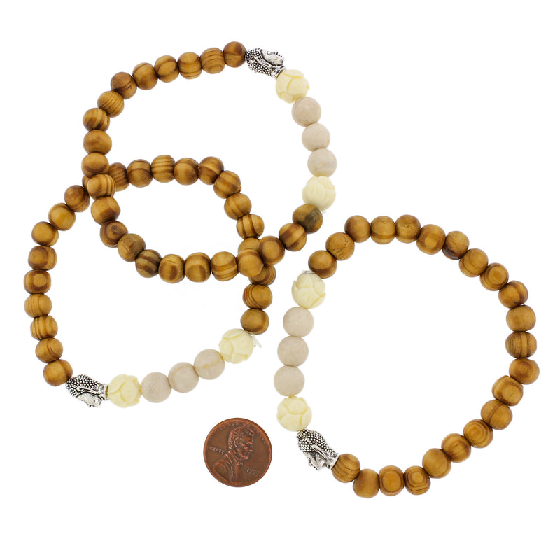 Natural Agate and Wood Beaded Bracelet - 59mm - Brown with Lotus Flower and Buddha Spacer - 1 Bracelet - BB176