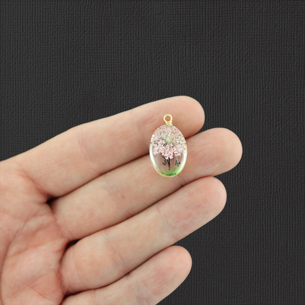 2 pendentifs en verre fleur pressé arbre de vie rose pâle - Z1445