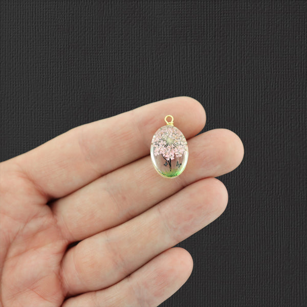 2 Pale Pink Tree of Life Pressed Flower Glass Pendants - Z1445