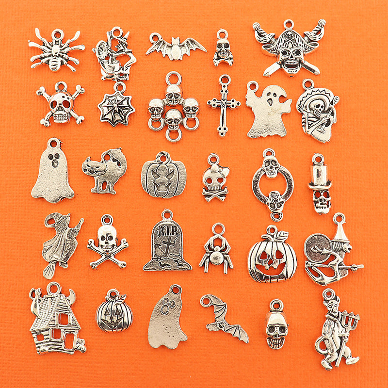 Deluxe Halloween Charm Collection Antique Silver Tone 30 Different Charms - COL226H