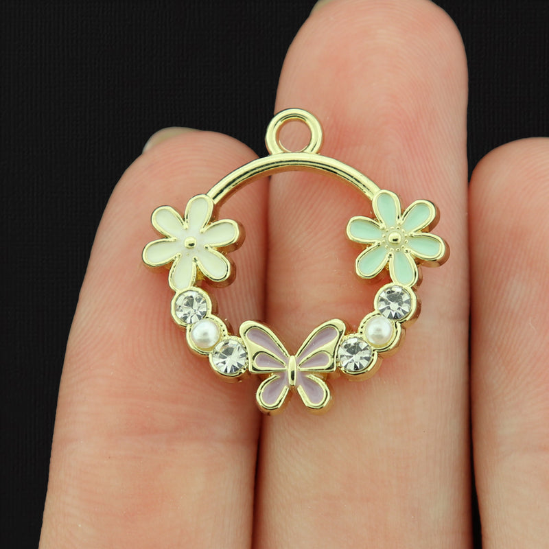 2 Butterfly Ring Gold Tone Enamel Charms With Inset Rhinestones - E1023