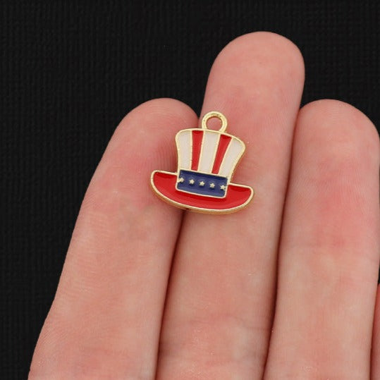 6 American Flag Top Hat Gold Tone Enamel Charms - E325