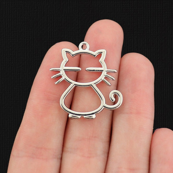 6 Cat Outline Antique Silver Tone Charms 2 Sided - SC1271