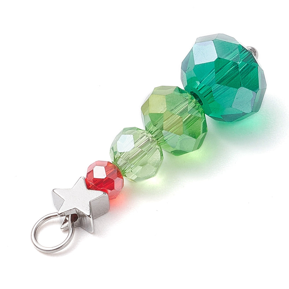 6 Christmas Tree Drop Pendants - Red and Green Beads with Star - XC039