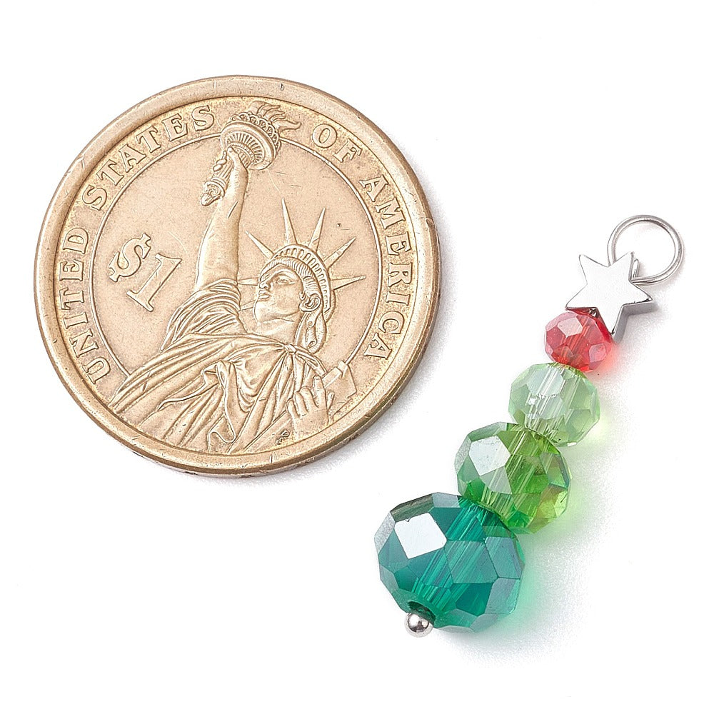 6 Christmas Tree Drop Pendants - Red and Green Beads with Star - XC039