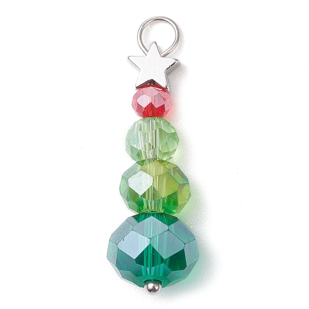 6 Christmas Tree Drop Pendants - Red and Green Beads with Star - XC039