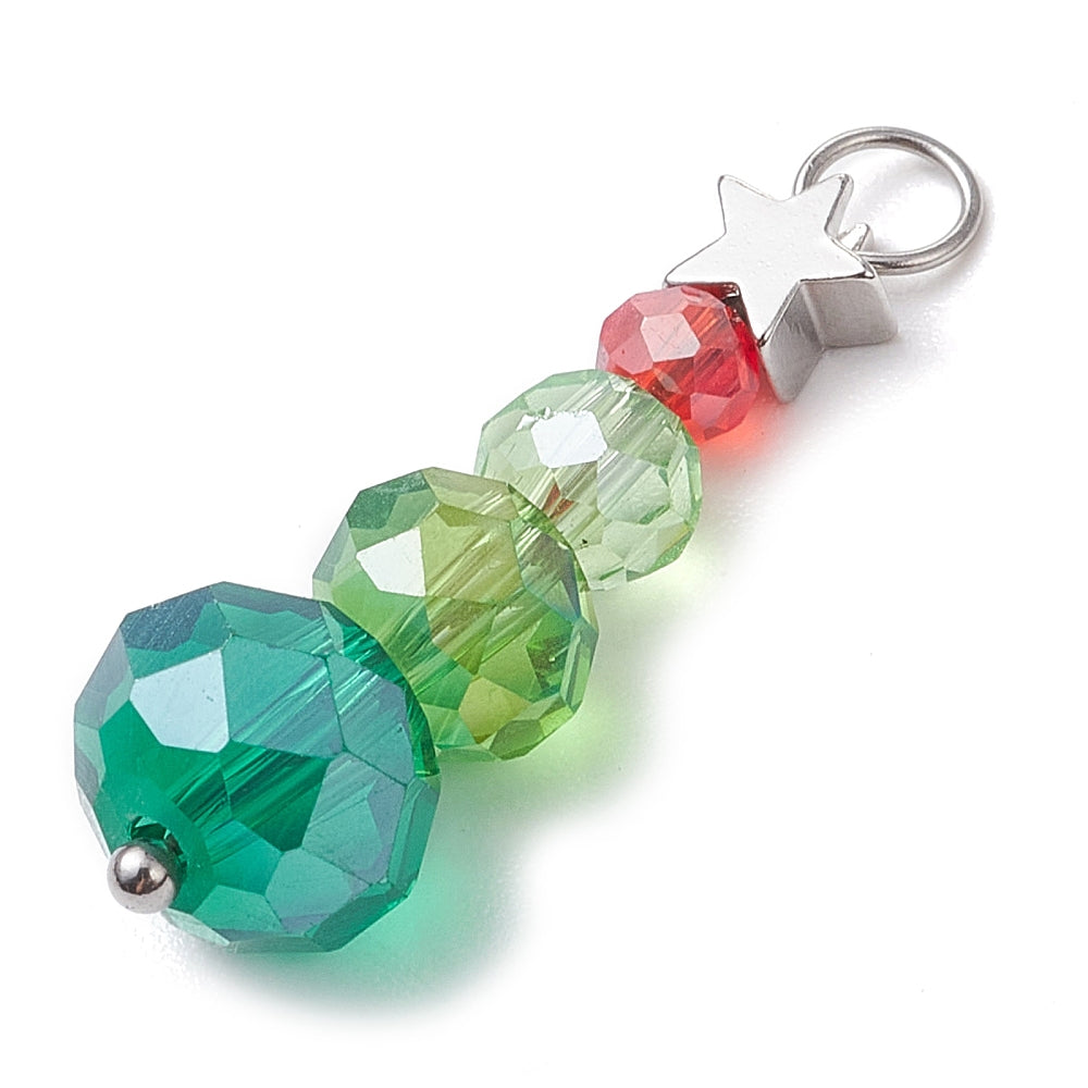 6 Christmas Tree Drop Pendants - Red and Green Beads with Star - XC039