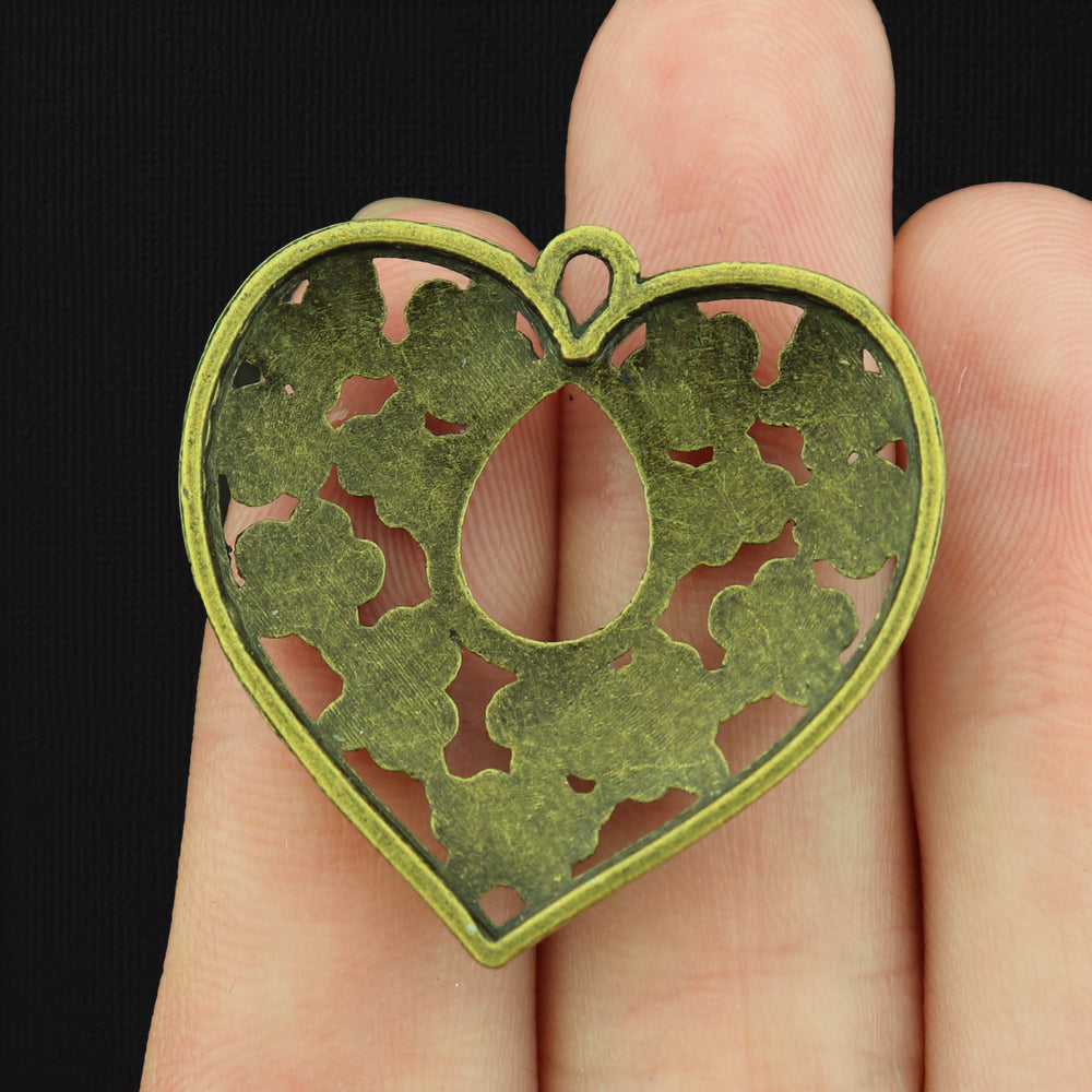 6 Floral Heart Antique Bronze Tone Charms - BC091