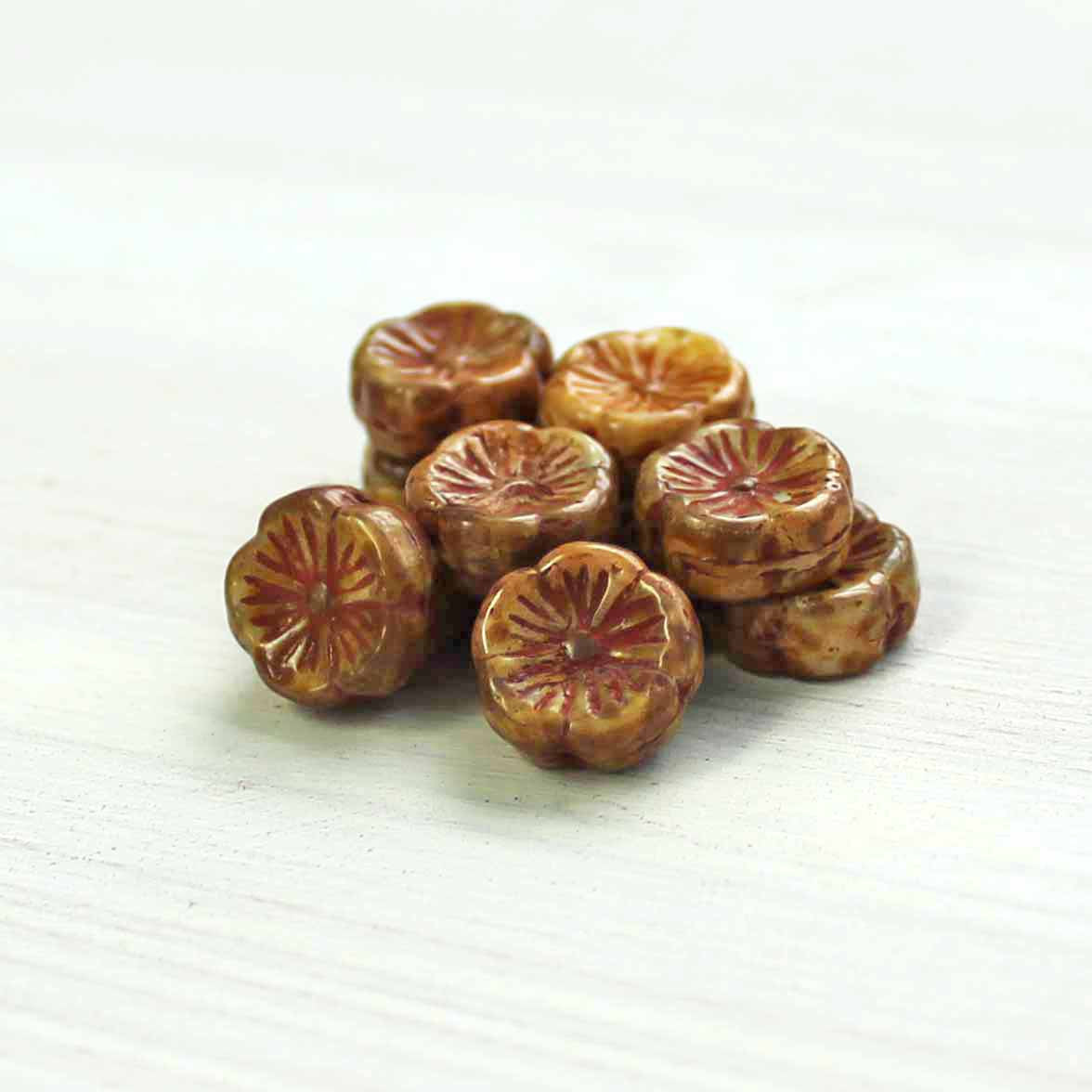 6 Hawaiian Flower Czech Pressed Glass Beads - 12mm - Dual Metallic Tones - Choose Your Color!