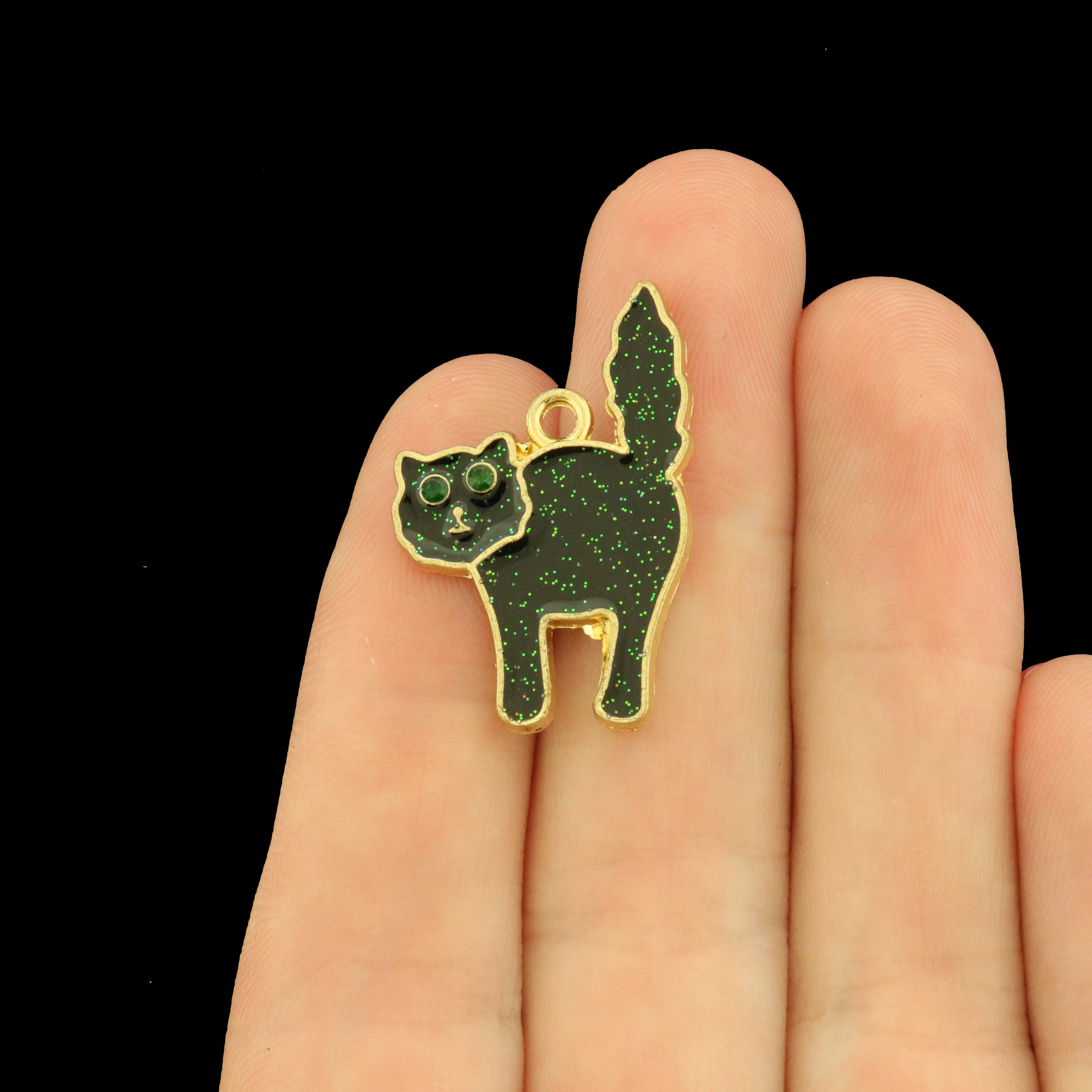 6 Sparkly Black Cat Gold Tone Enamel Charms - E633