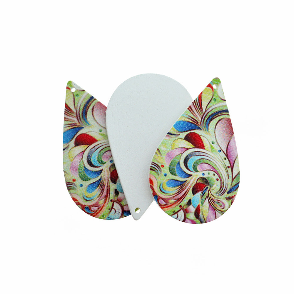 6 breloques en bois naturel imprimé goutte tourbillon rose 59mm - WP449