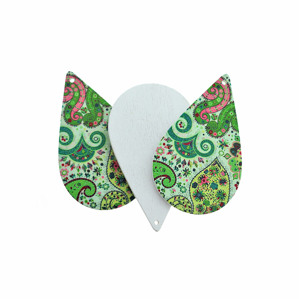 6 breloques en bois naturel imprimé goutte tourbillon rose 59mm - WP449