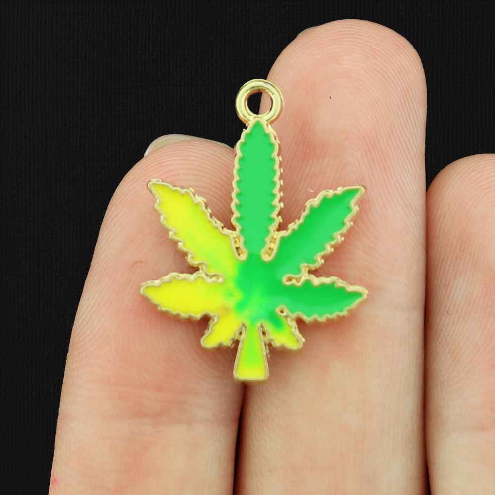 6 Weed Leaf Gold Tone Enamel Charms - E128