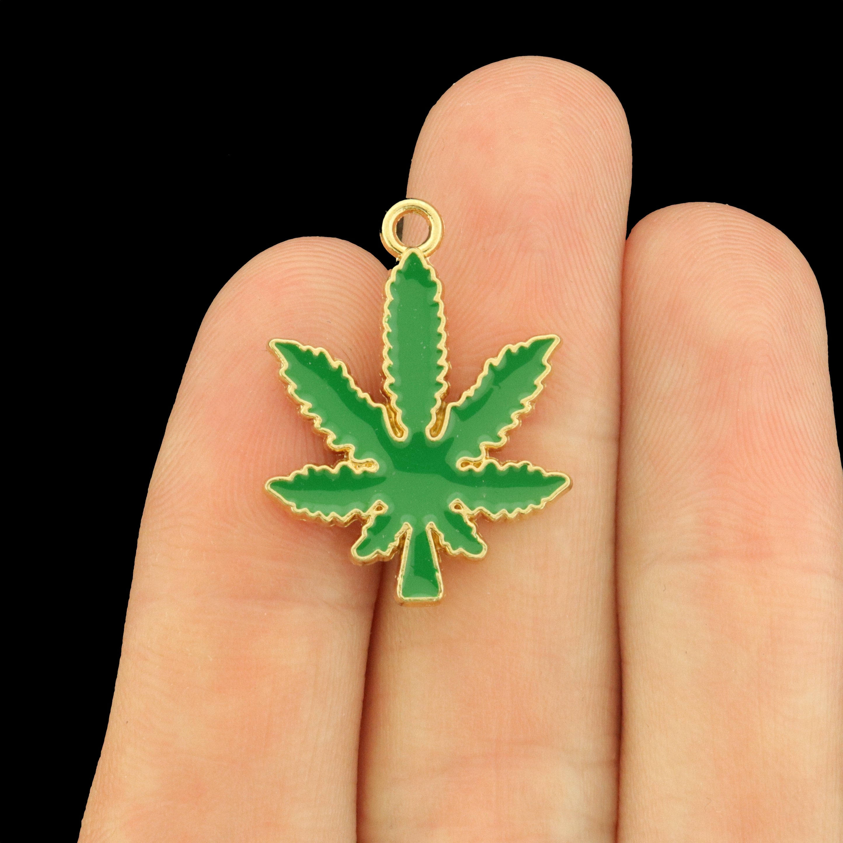 6 Weed Leaf Gold Tone Enamel Charms - Green - E1691
