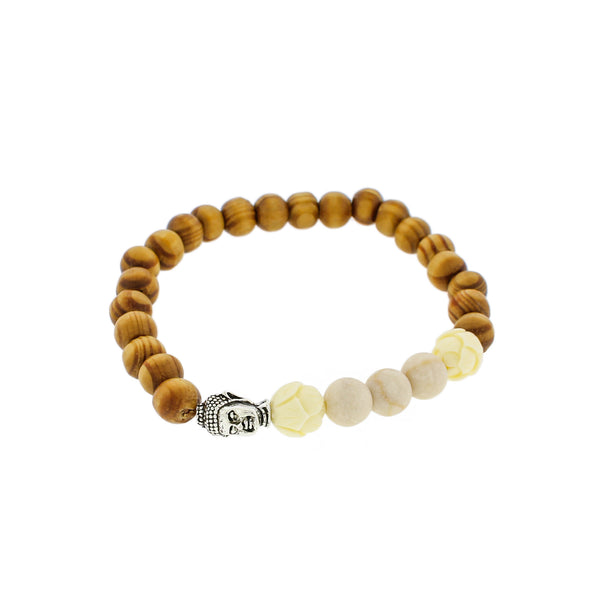 Natural Agate and Wood Beaded Bracelet - 59mm - Brown with Lotus Flower and Buddha Spacer - 1 Bracelet - BB176