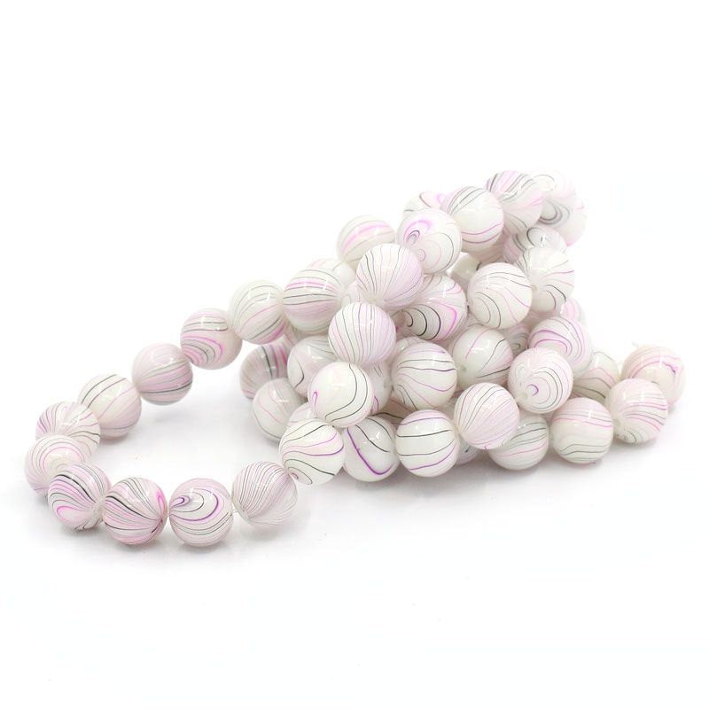 SALE 15 Ivory Glass Beads 12mm with Pink, Black and Turquoise Ripples - LBD324