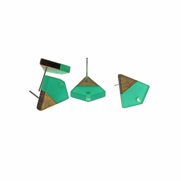 Wood Stainless Steel Earrings - Sea Green Resin Kite Studs - 16mm x 15mm - 2 Pieces 1 Pair - ER730