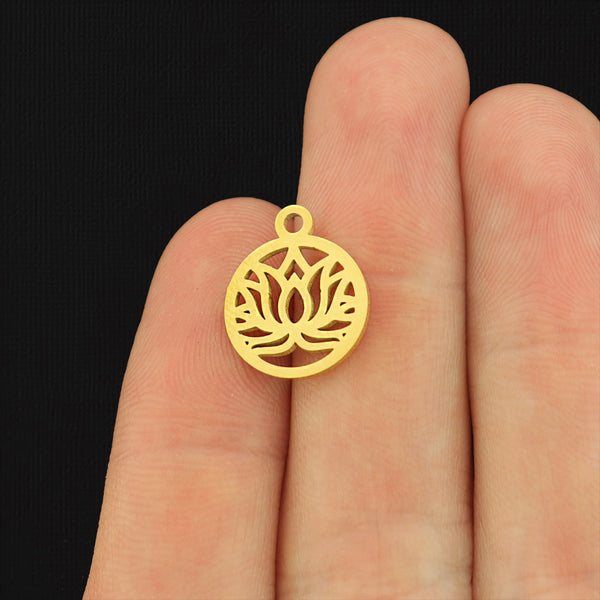 Lotus Flower Gold Tone Stainless Steel Charm 2 Sided- SSP658