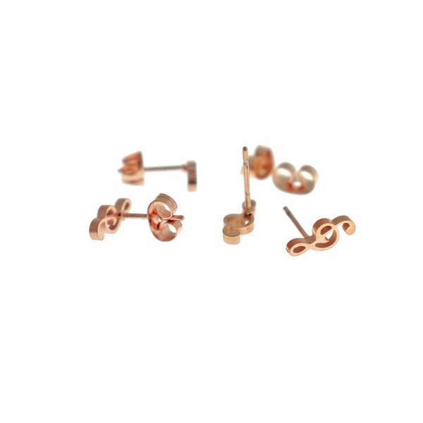 Rose Gold Tone Stainless Steel Earrings - Treble Clef Studs - 9mm x 4mm - 2 Pieces 1 Pair - ER830