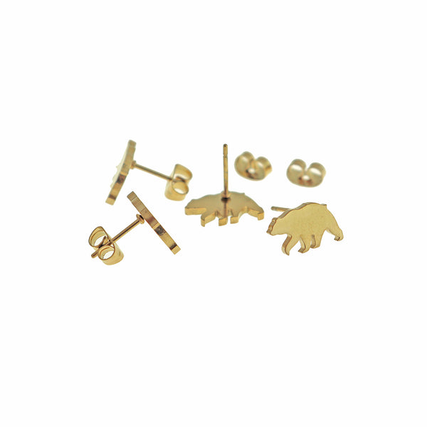 Gold Tone Stainless Steel Earrings - Bear Studs - 13mm x 7mm - 2 Pieces 1 Pair - ER826