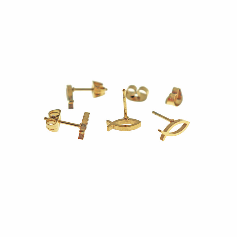 Stainless Steel Earrings - Religious Fish Studs - 9mm x 4mm - 1 Pair - Choose Your Tone!