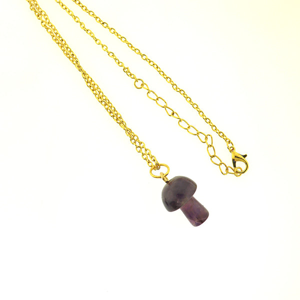 Gold Tone Cable Chain Necklace 18" with Natural Amethyst Mushroom Gemstone Pendant - 2mm - 1 Piece - GEM204