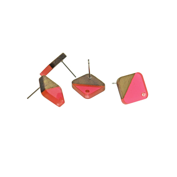 Wood Stainless Steel Earrings - Pink Resin Rhombus Studs - 17mm x 17mm - 2 Pieces 1 Pair - ER699
