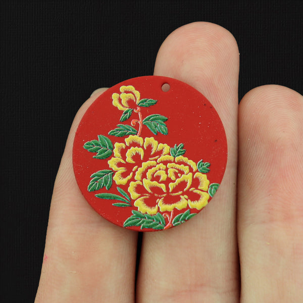 5 Floral Round Red Enamel Charms - E1398