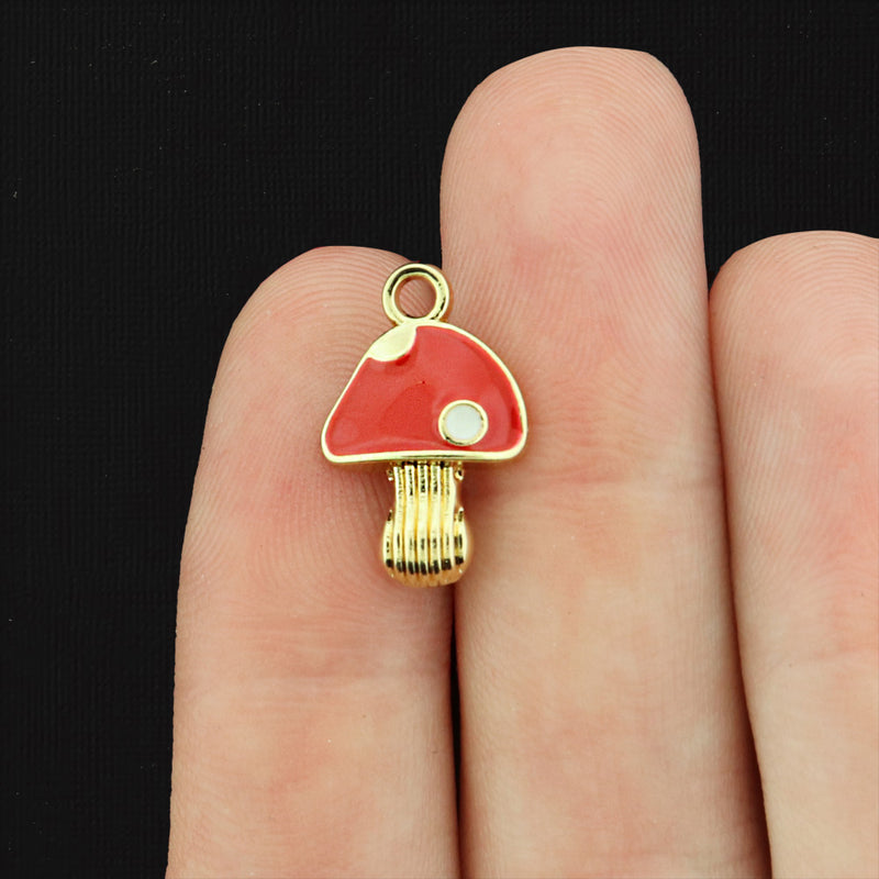 4 Mushroom Gold Tone Enamel Charms - E093